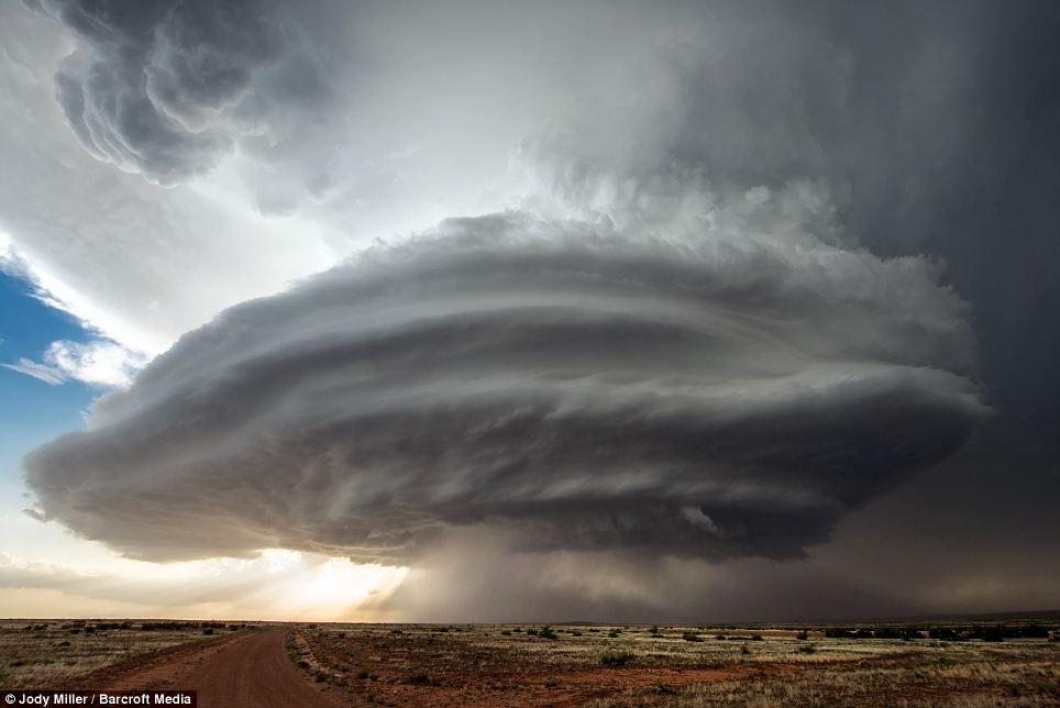 An enormous supercell in the shape of a UFO looms over Roswell, New Mexico, close to the secret U.S. military site Area 51